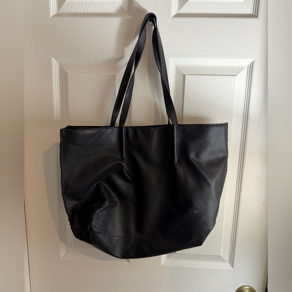 Saks Fifth Ave Faux Black Leather Tote Bag